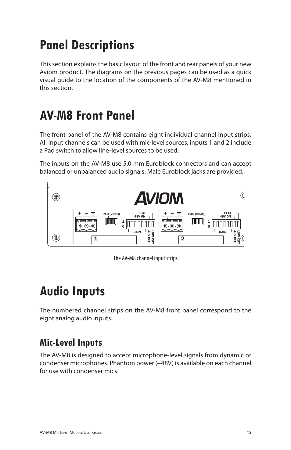 Panel descriptions, Av-m8 front panel, Audio inputs | Mic-level inputs, Mic‑level inputs, Av-m8, The av-m8 channel input strips | Aviom AV-M8 User Manual | Page 23 / 57