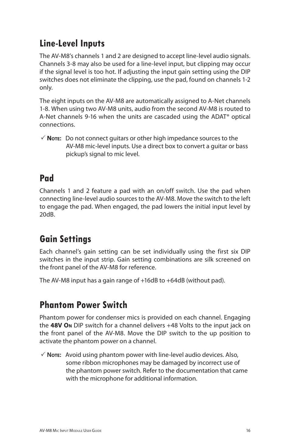 Line-level inputs, Gain settings, Phantom power switch | Aviom AV-M8 User Manual | Page 24 / 57