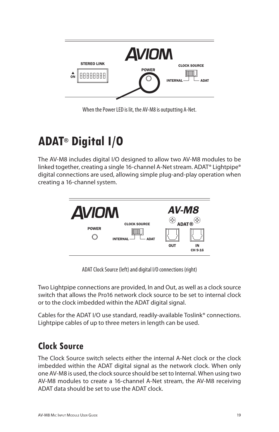 Adat® digital i/o, Clock source, Adat | Digital i/o, Av-m8 | Aviom AV-M8 User Manual | Page 27 / 57