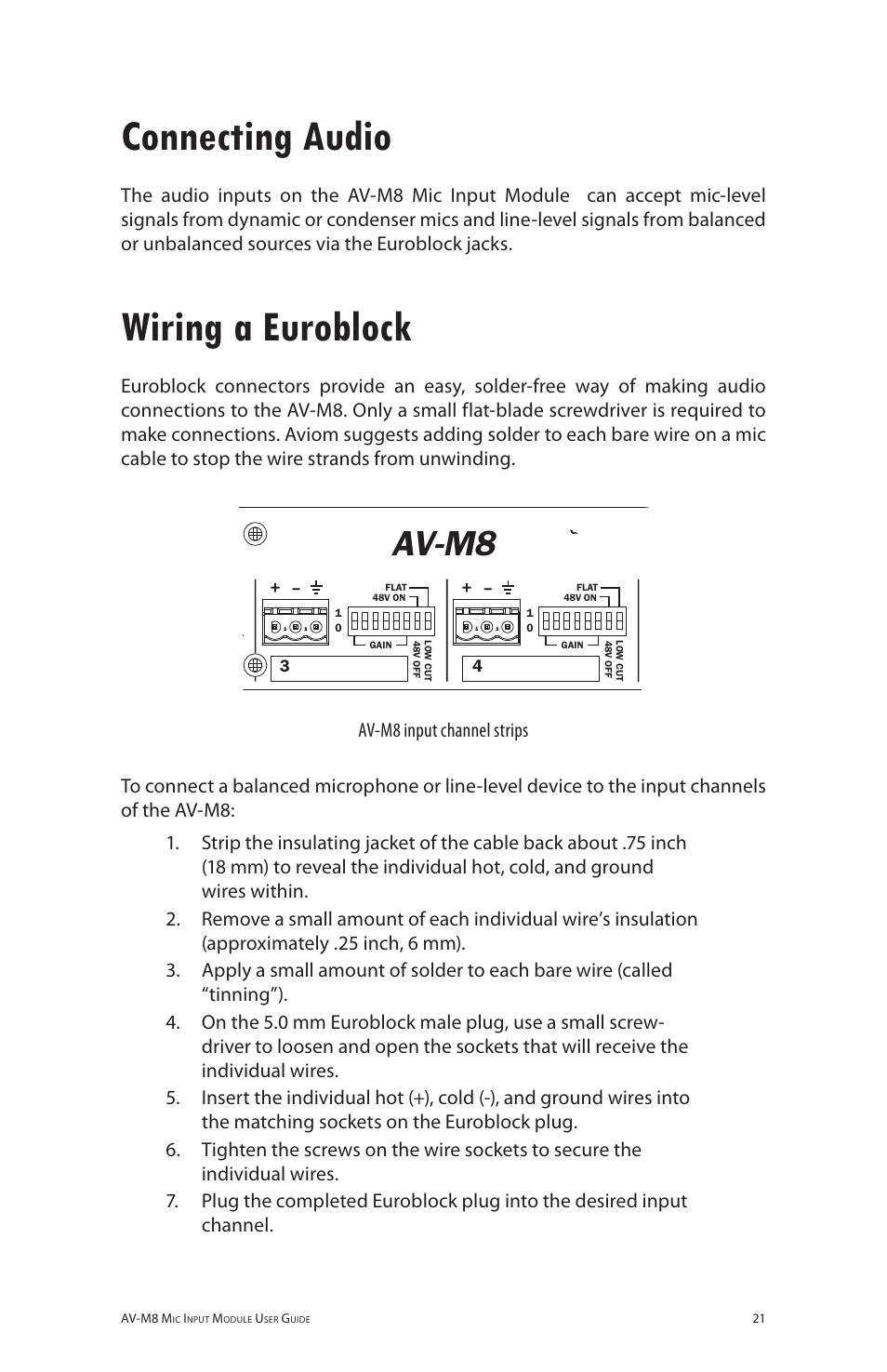 Connecting audio, Wiring a euroblock, Av-m8 | Aviom AV-M8 User Manual | Page 29 / 57