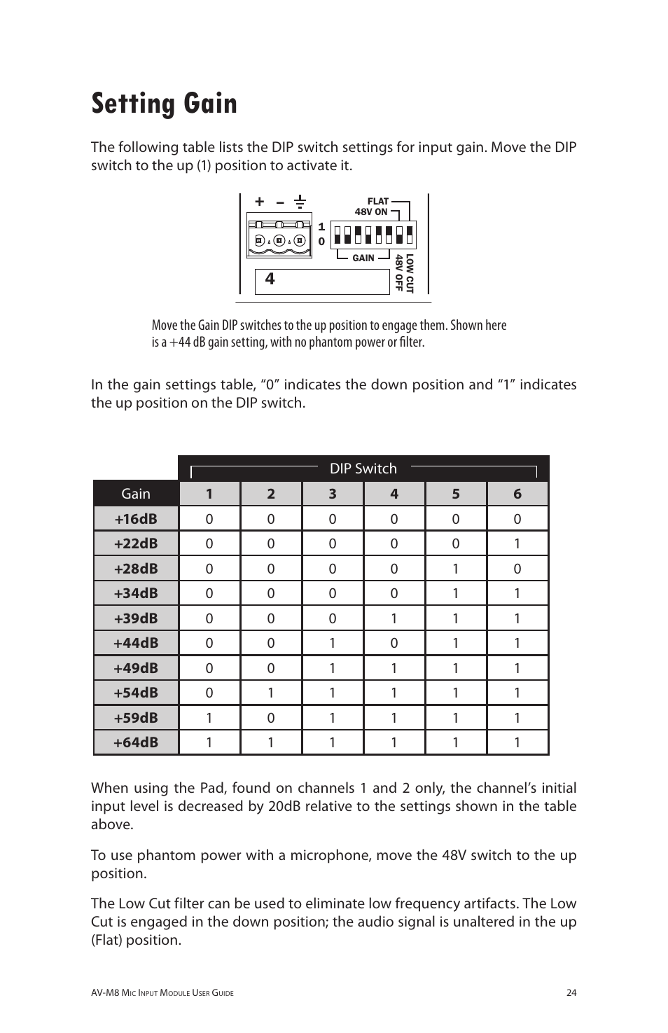 Setting gain, Av-m8 | Aviom AV-M8 User Manual | Page 32 / 57