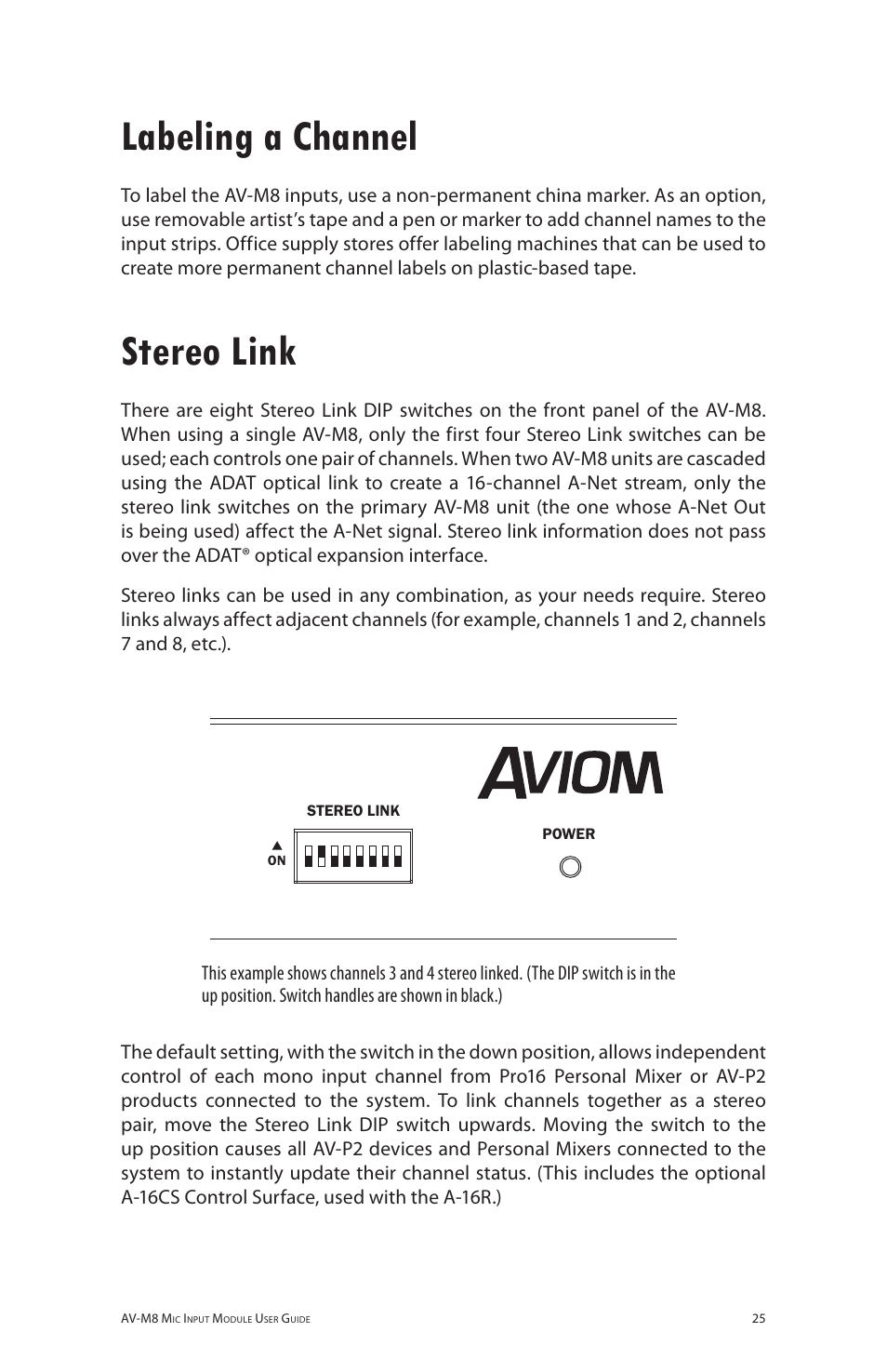 Labeling a channel, Stereo link, Av-m8 | Aviom AV-M8 User Manual | Page 33 / 57