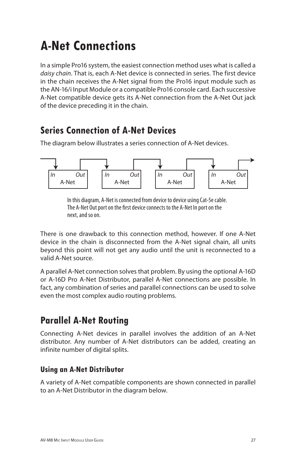 A-net connections, Series connection of a-net devices, Parallel a-net routing | Using an a-net distributor | Aviom AV-M8 User Manual | Page 35 / 57