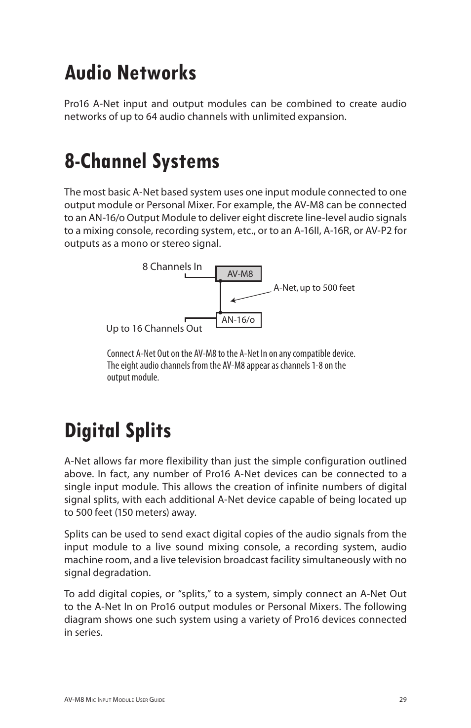 Audio networks, Channel systems, Digital splits | Aviom AV-M8 User Manual | Page 37 / 57