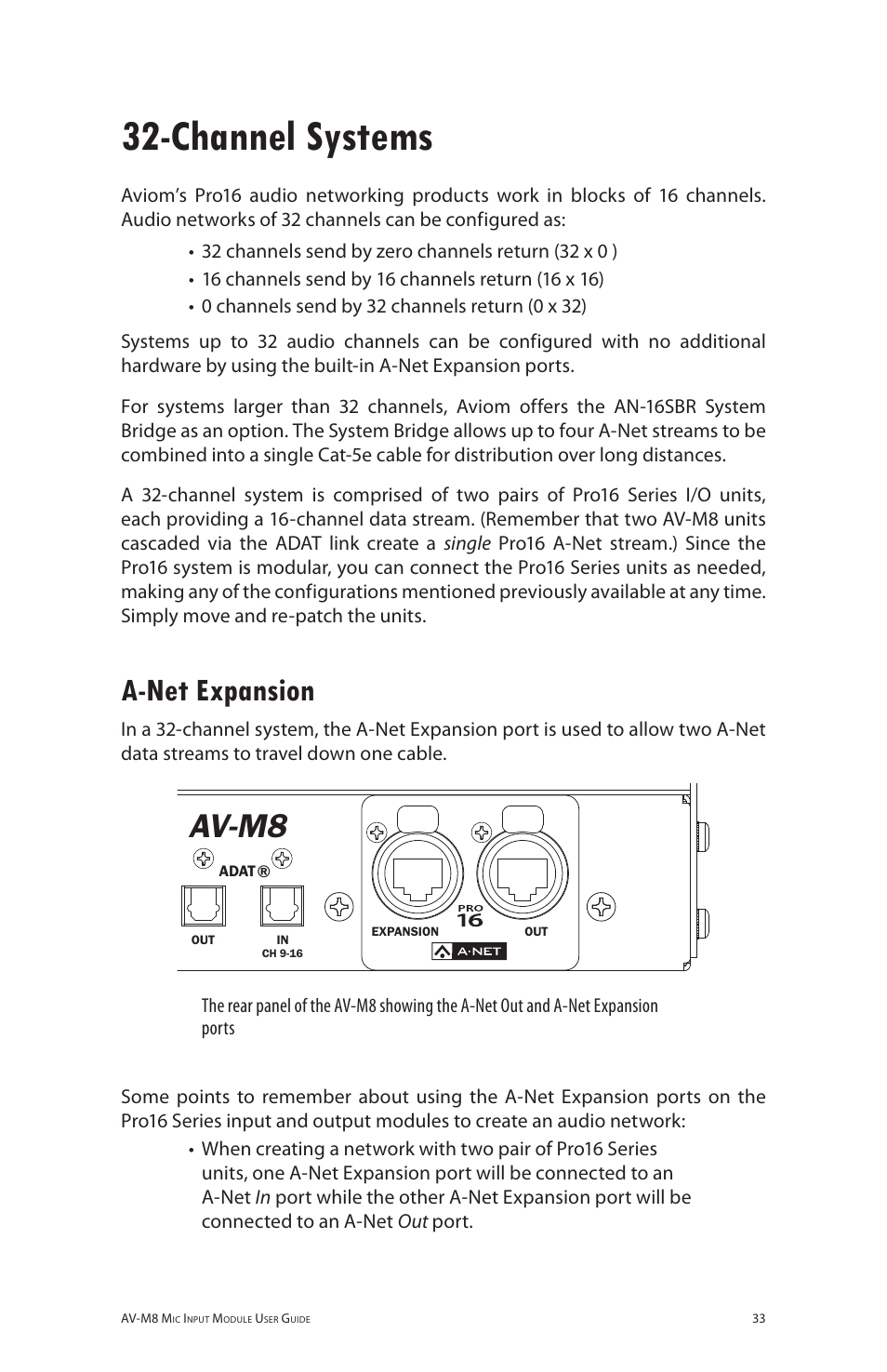 Channel systems, A-net expansion, A‑net expansion | Av-m8 | Aviom AV-M8 User Manual | Page 41 / 57