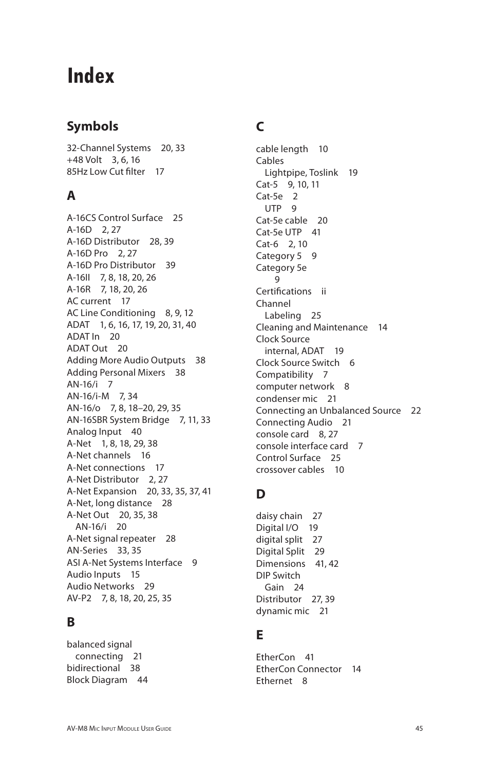 Index, Symbols | Aviom AV-M8 User Manual | Page 53 / 57