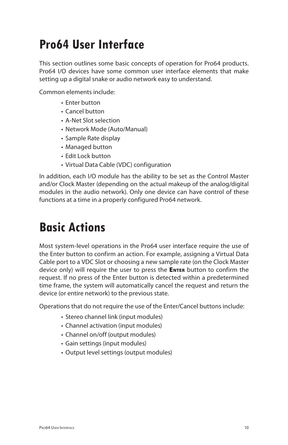 Pro64 user interface, Basic actions, Pro64 user interface basic actions | Aviom 6416i User Manual | Page 19 / 97