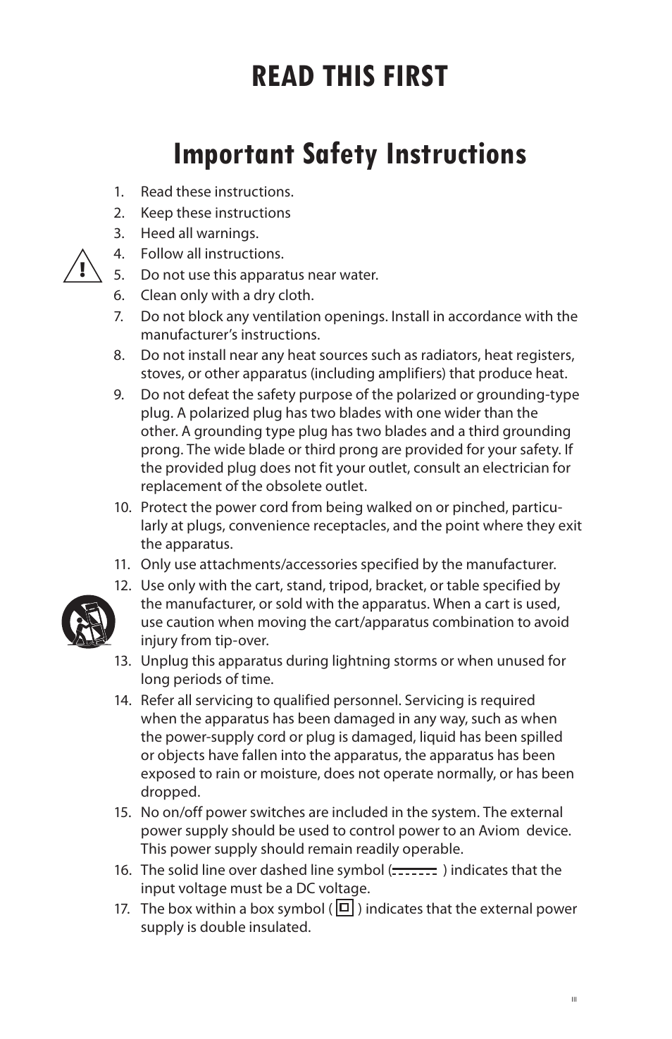 Read this first important safety instructions | Aviom 6416i User Manual | Page 3 / 97