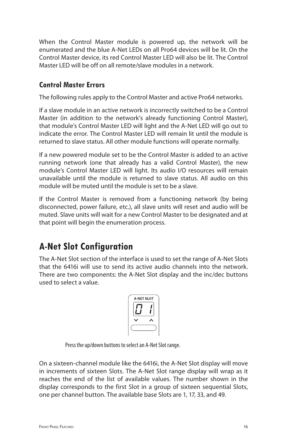 Control master errors, A‑net slot configuration, A-net slot configuration | Aviom 6416i User Manual | Page 43 / 97
