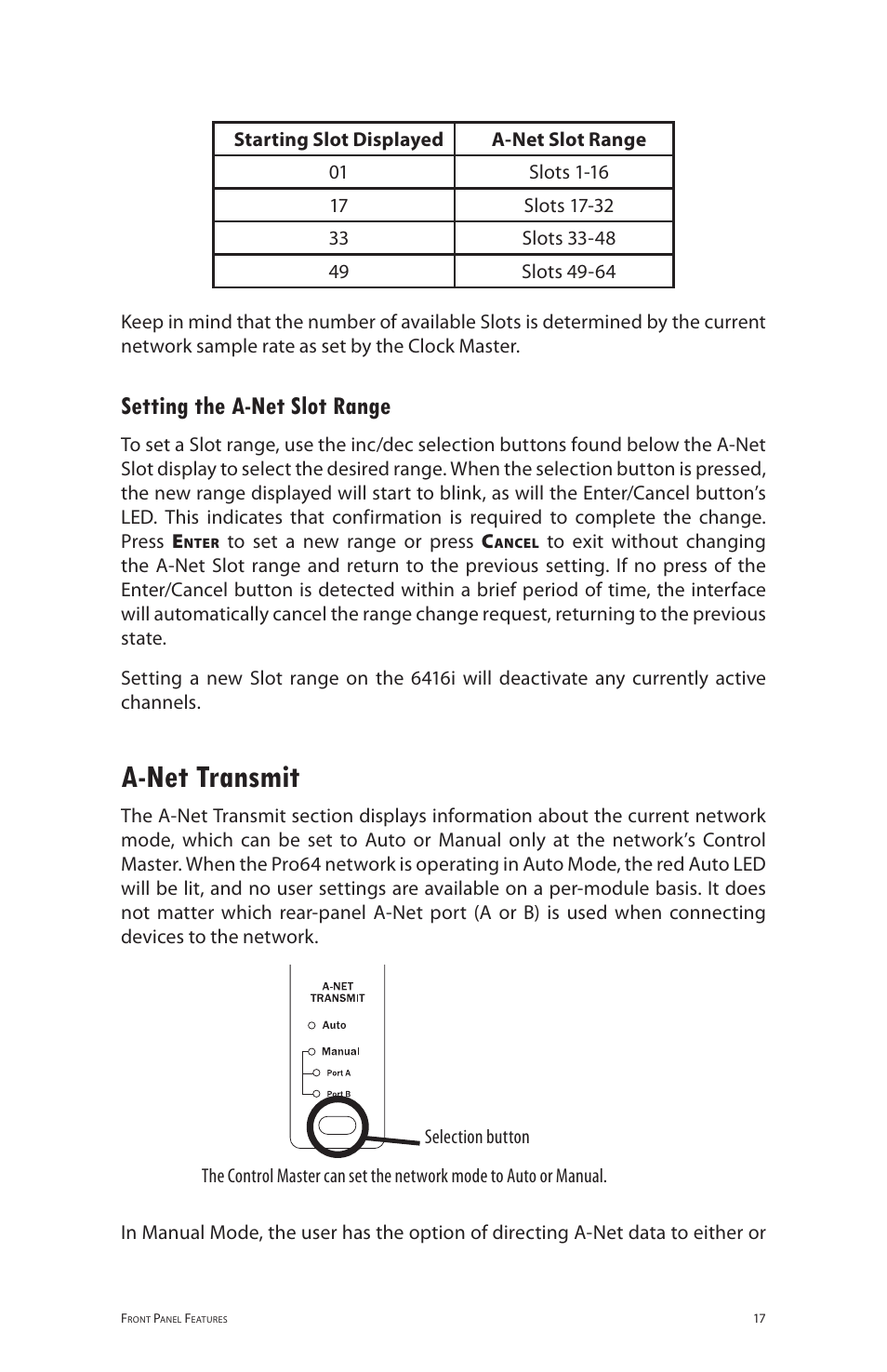 Setting the a‑net slot range, A‑net transmit, A-net transmit | Setting the a-net slot range | Aviom 6416i User Manual | Page 44 / 97