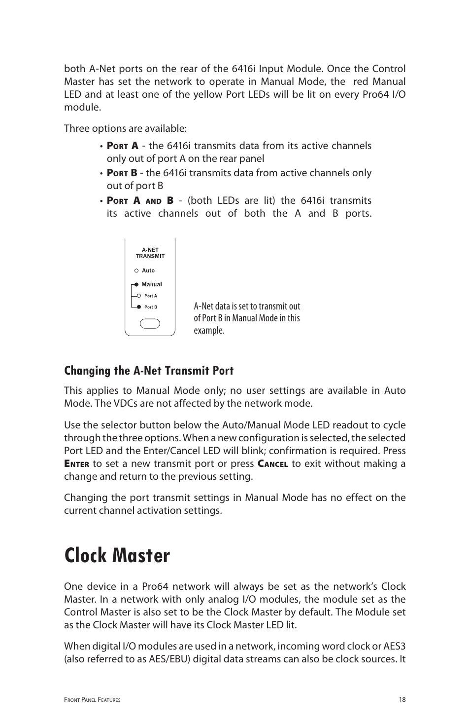 Clock master, Changing the a‑net transmit port, Changing the a-net transmit port | Aviom 6416i User Manual | Page 45 / 97