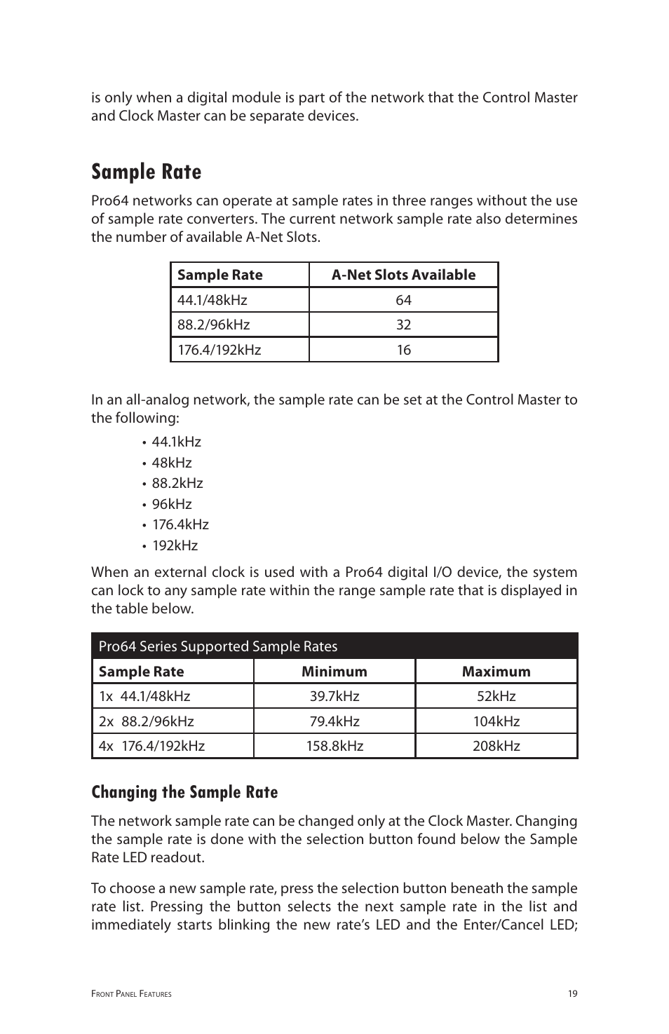 Sample rate, Changing the sample rate | Aviom 6416i User Manual | Page 46 / 97