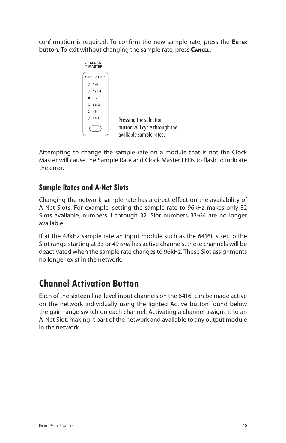 Sample rates and a‑net slots, Channel activation button, Sample rates and a-net slots | Aviom 6416i User Manual | Page 47 / 97