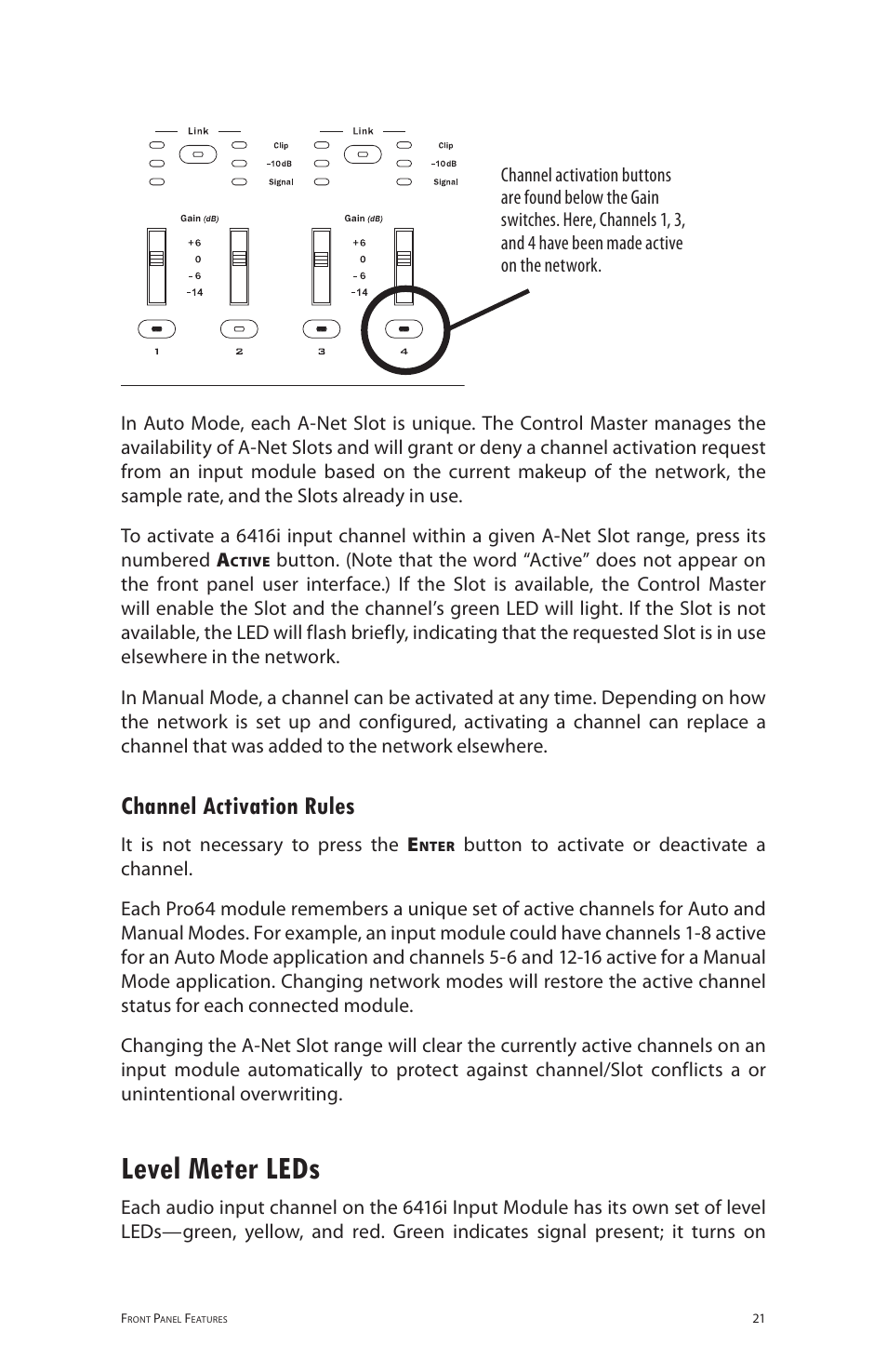 Channel activation rules, Level meter leds | Aviom 6416i User Manual | Page 48 / 97