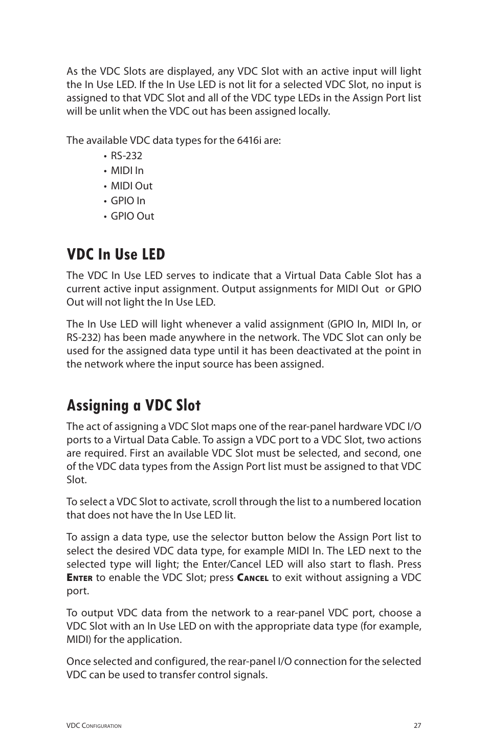 Vdc in use led, Assigning a vdc slot | Aviom 6416i User Manual | Page 54 / 97