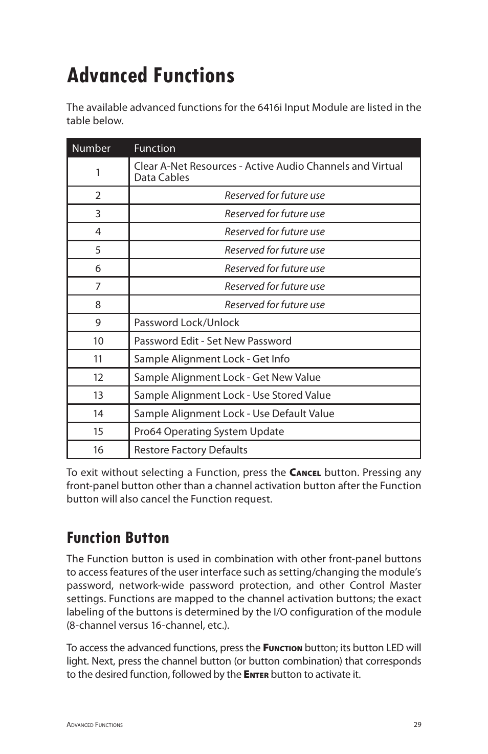 Advanced functions, Function button | Aviom 6416i User Manual | Page 56 / 97