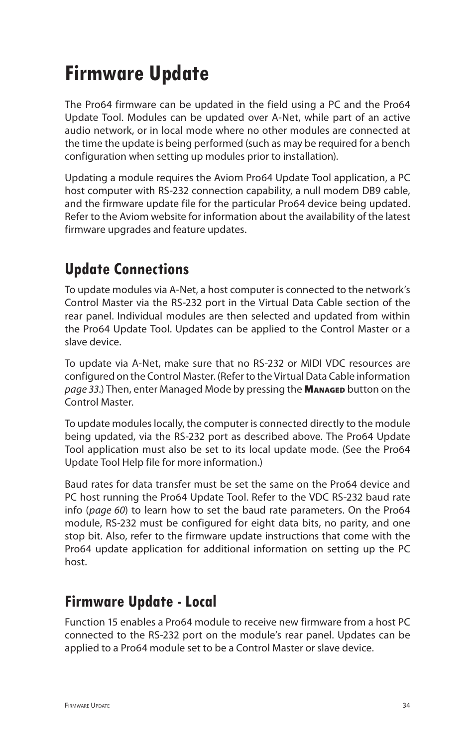 Firmware update, Update connections firmware update ‑ local, Update connections | Firmware update - local | Aviom 6416i User Manual | Page 61 / 97
