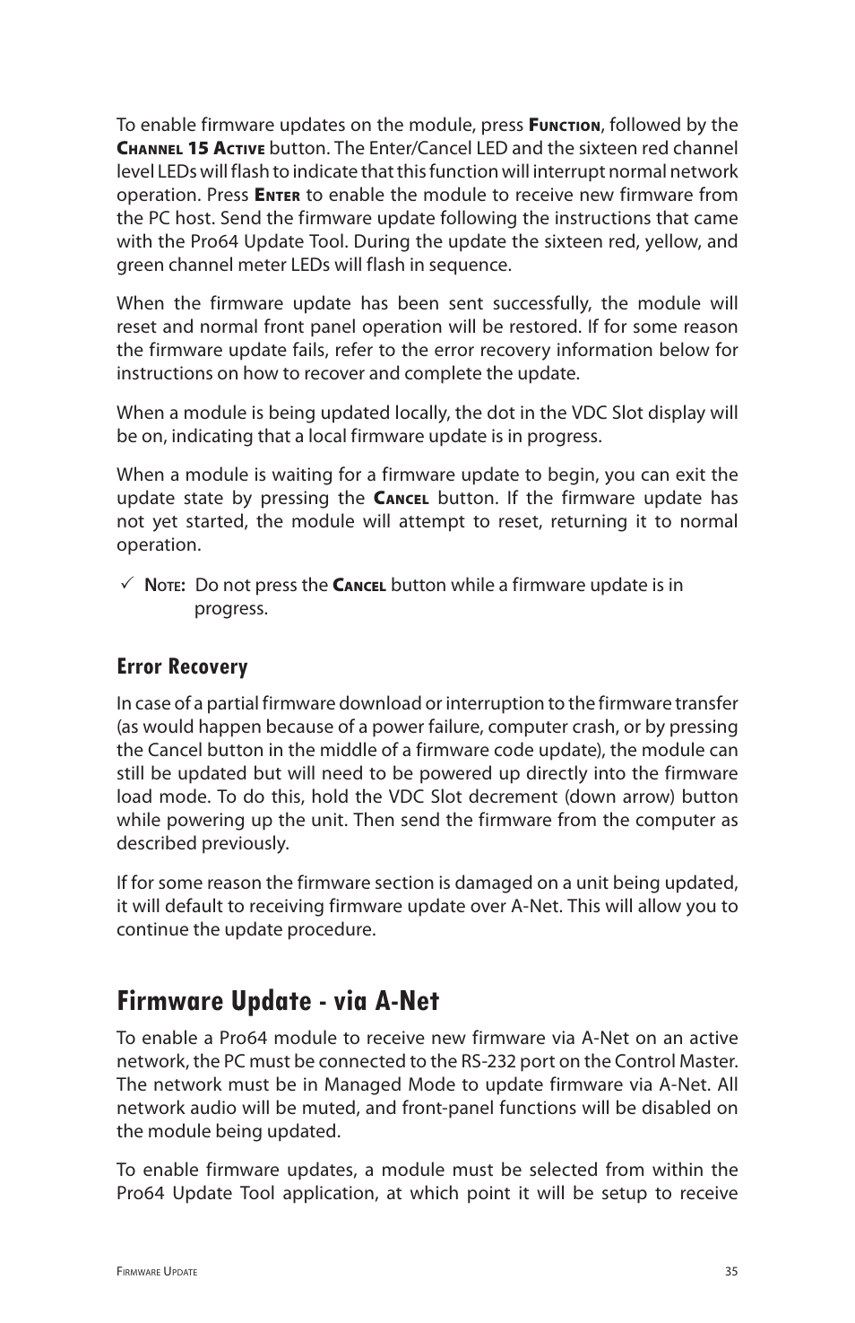 Error recovery, Firmware update ‑ via a‑net, Firmware update - via a-net | Aviom 6416i User Manual | Page 62 / 97
