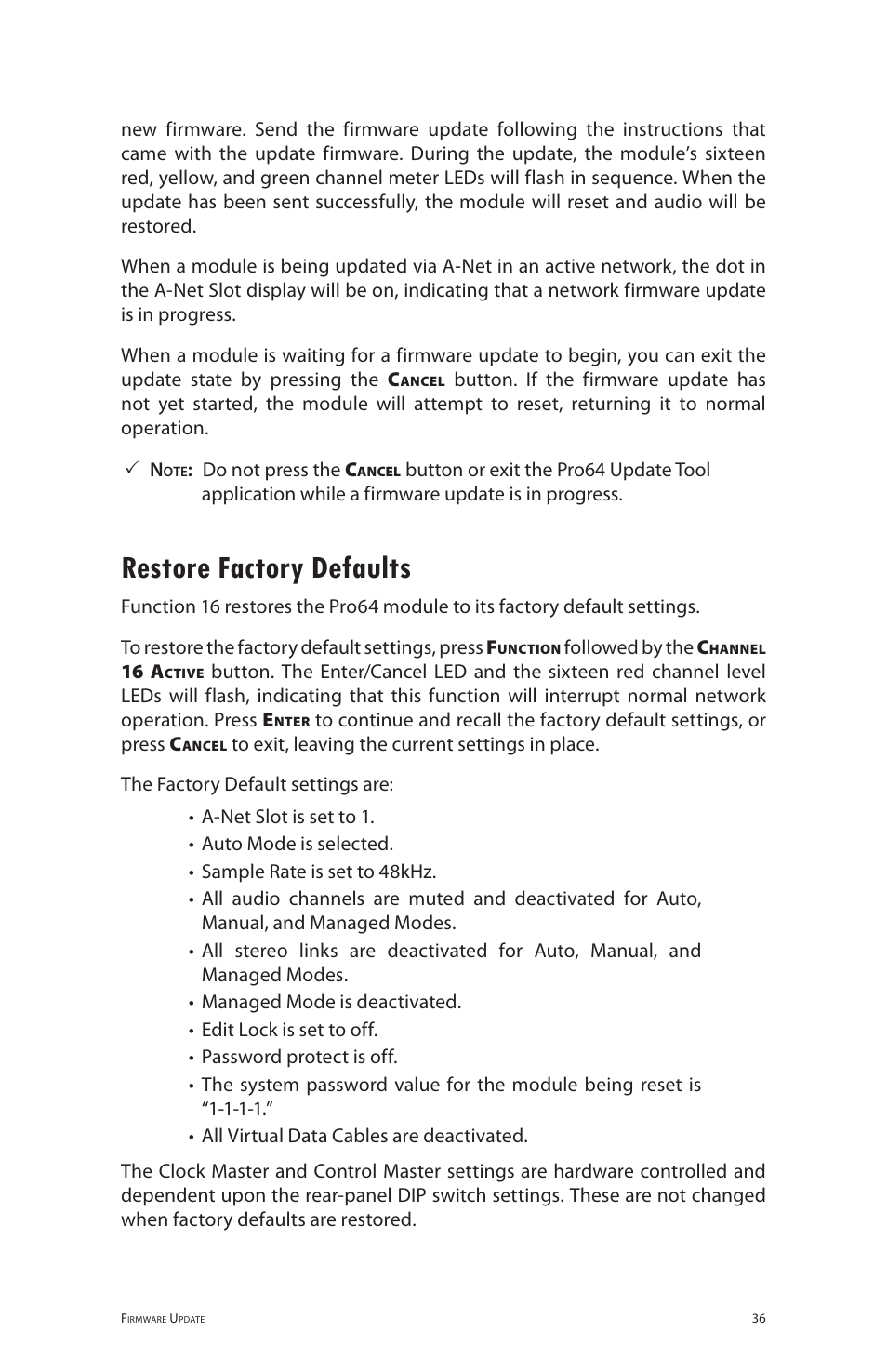 Restore factory defaults | Aviom 6416i User Manual | Page 63 / 97
