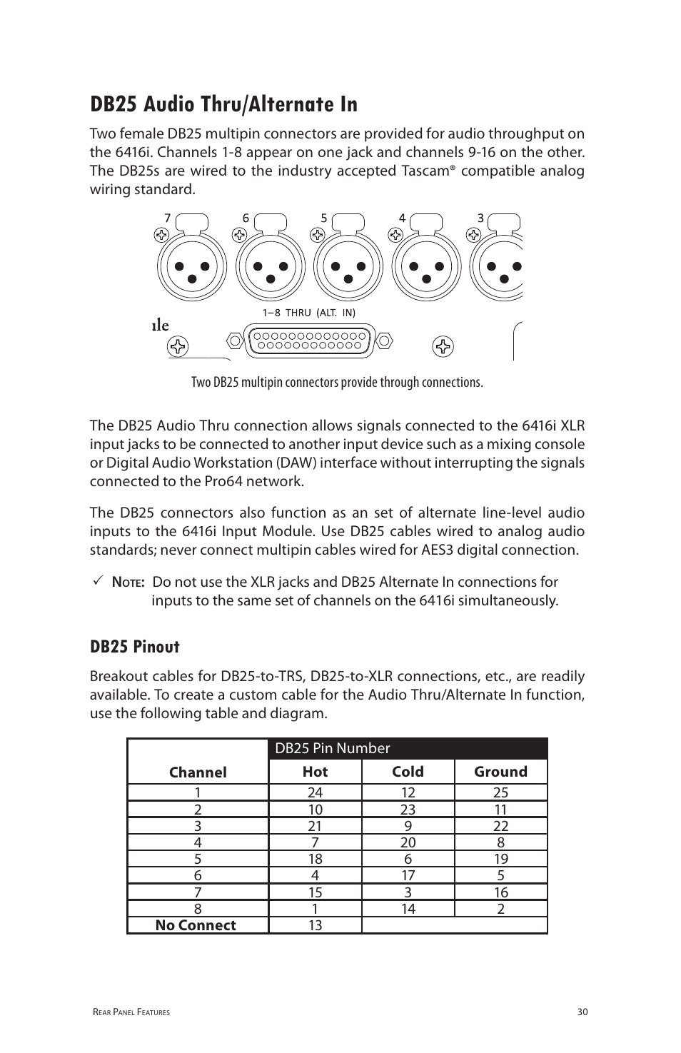 Db25 audio thru/alternate in, Db25 pinout | Aviom 6416i User Manual | Page 66 / 97