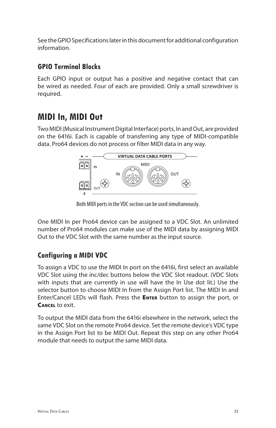 Gpio terminal blocks, Midi in, midi out, Configuring a midi vdc | Aviom 6416i User Manual | Page 69 / 97