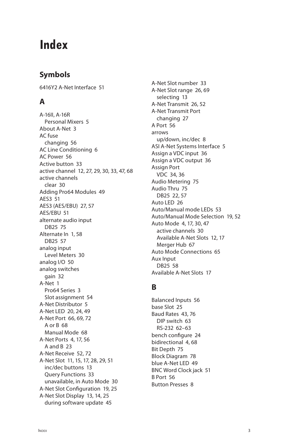 Index, Symbols | Aviom 6416i User Manual | Page 90 / 97