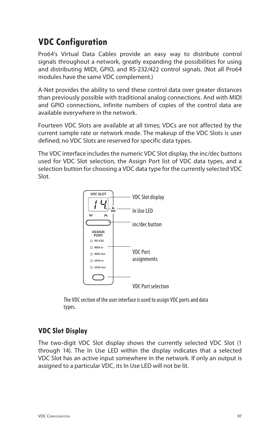 Vdc configuration, Vdc slot display | Aviom 6416m/RCI/MCS User Manual | Page 108 / 147