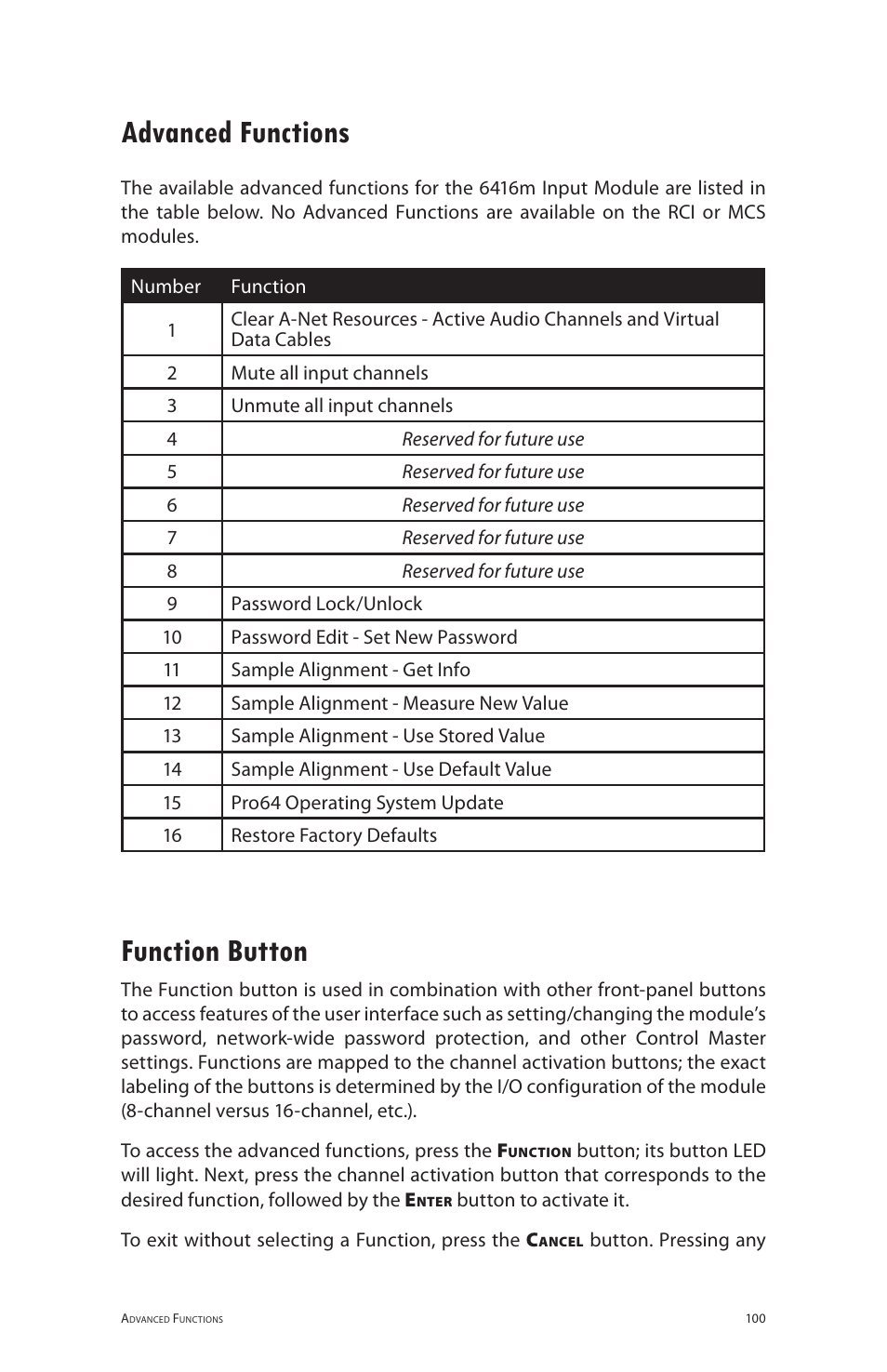 Advanced functions, Function button, Advanced functions function button | Aviom 6416m/RCI/MCS User Manual | Page 111 / 147