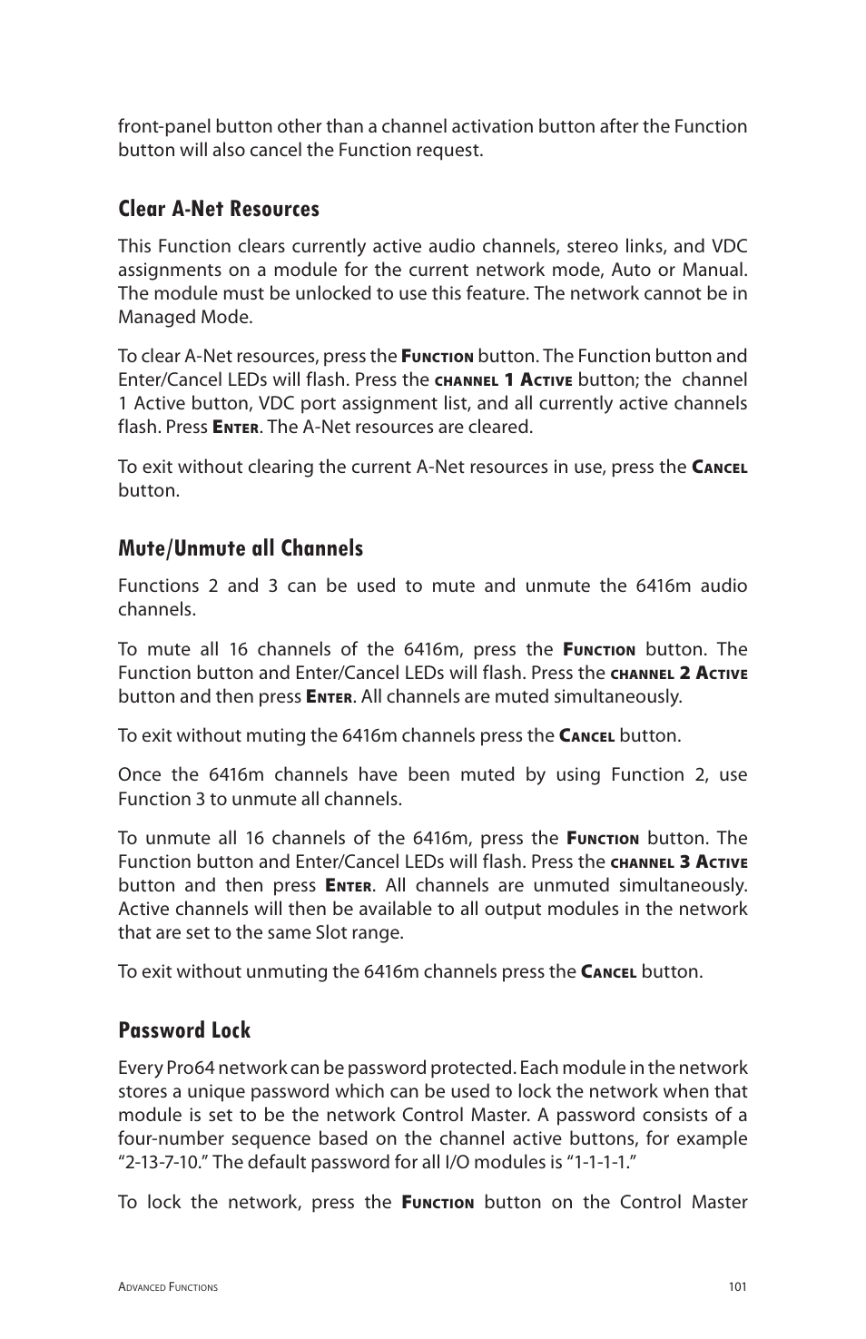 Clear a-net resources, Mute/unmute all channels, Password lock | Aviom 6416m/RCI/MCS User Manual | Page 112 / 147