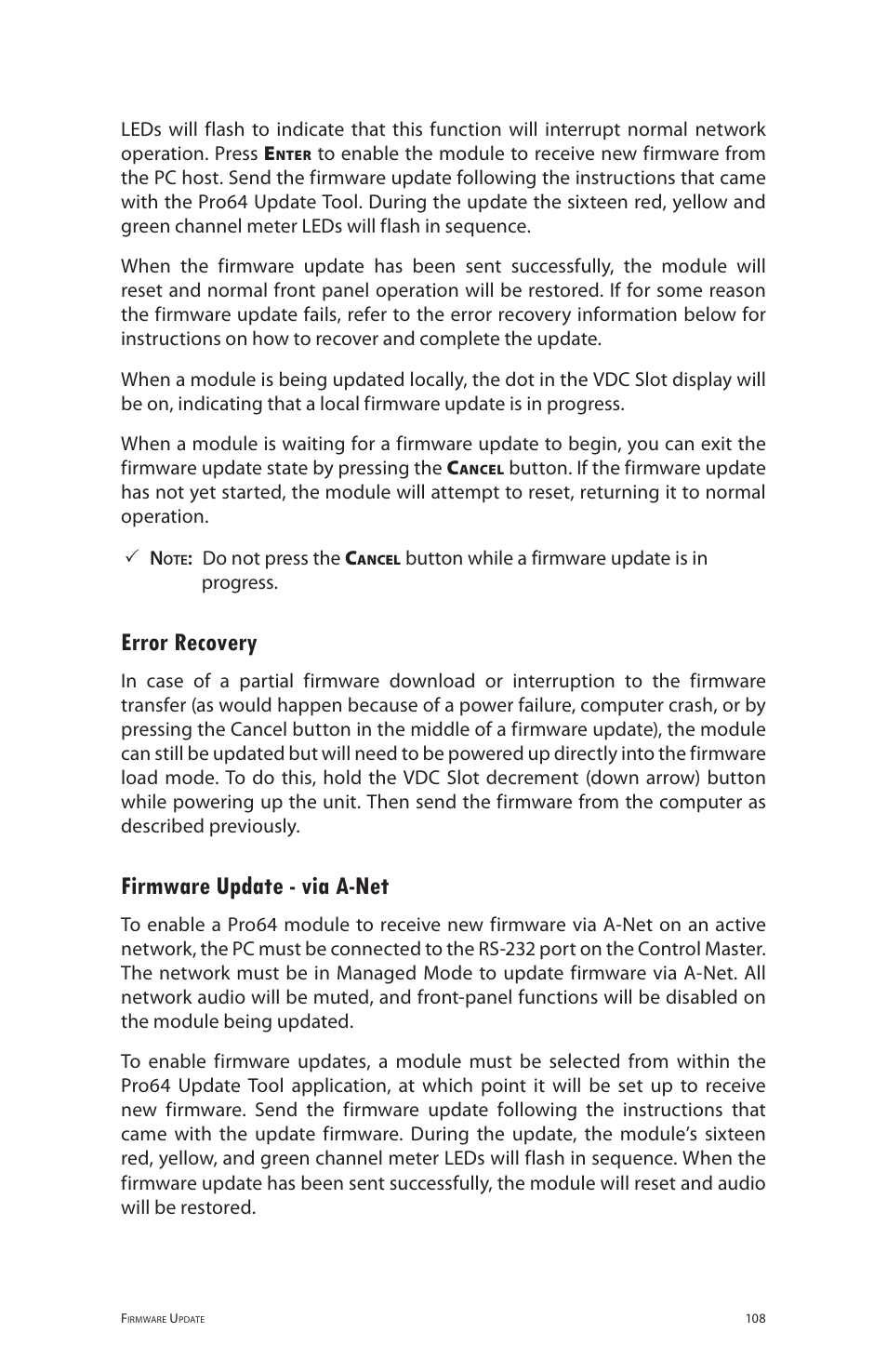 Error recovery, Firmware update - via a-net, Error recovery firmware update ‑ via a‑net | Aviom 6416m/RCI/MCS User Manual | Page 119 / 147