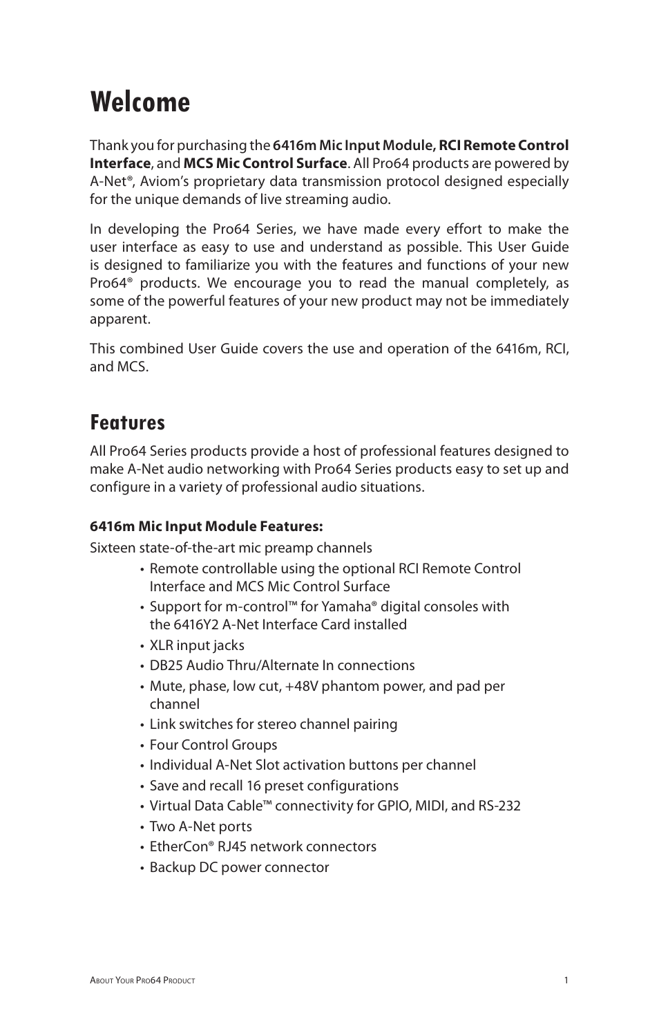 Welcome, Features | Aviom 6416m/RCI/MCS User Manual | Page 12 / 147