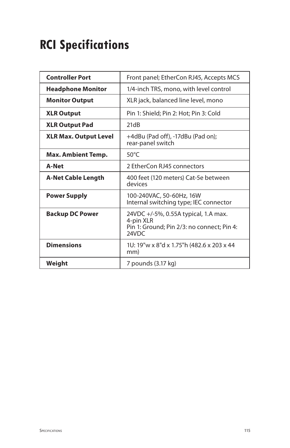 Rci specifications | Aviom 6416m/RCI/MCS User Manual | Page 126 / 147
