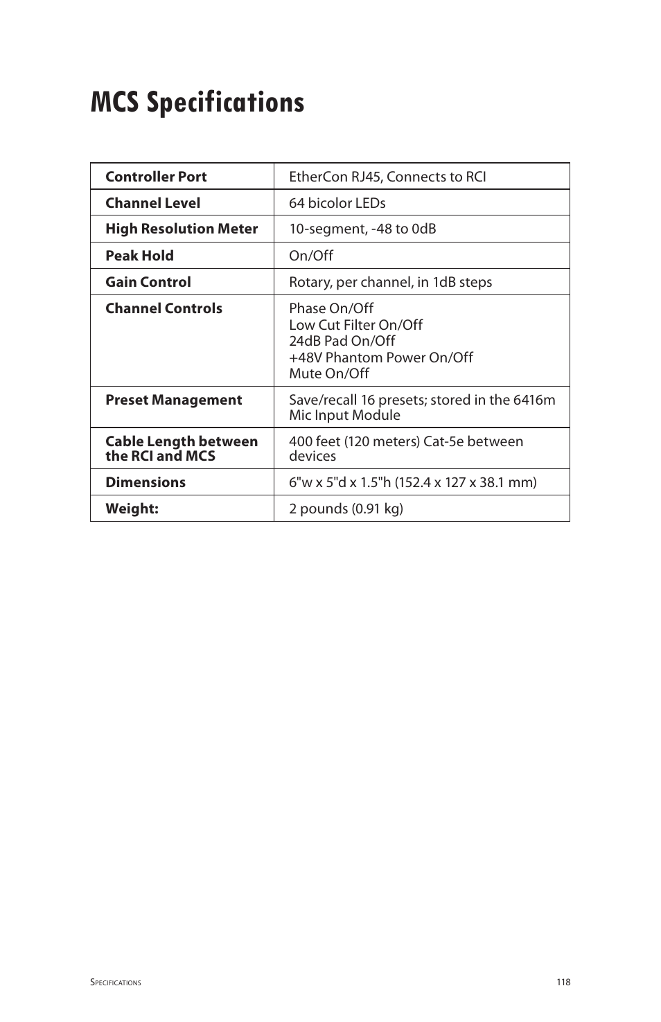 Mcs specifications | Aviom 6416m/RCI/MCS User Manual | Page 129 / 147