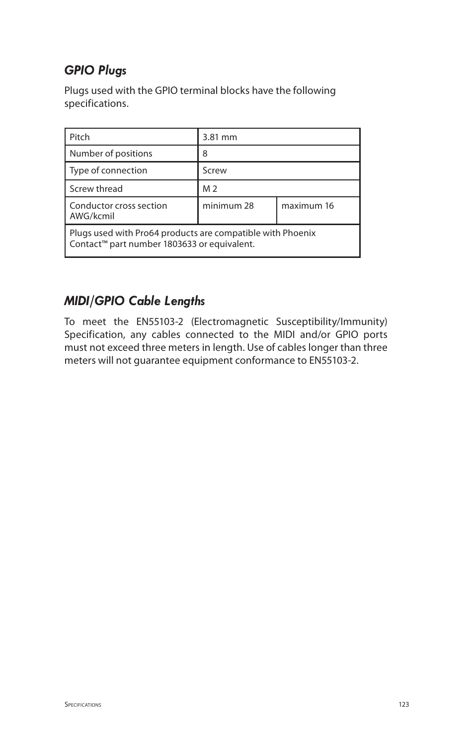 Gpio plugs, Midi/gpio cable lengths, Gpio plugs midi/gpio cable lengths | Aviom 6416m/RCI/MCS User Manual | Page 134 / 147
