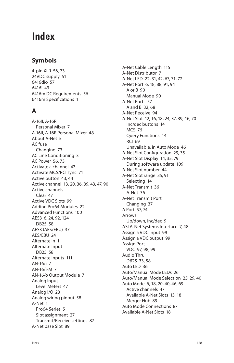 Index, Symbols | Aviom 6416m/RCI/MCS User Manual | Page 139 / 147