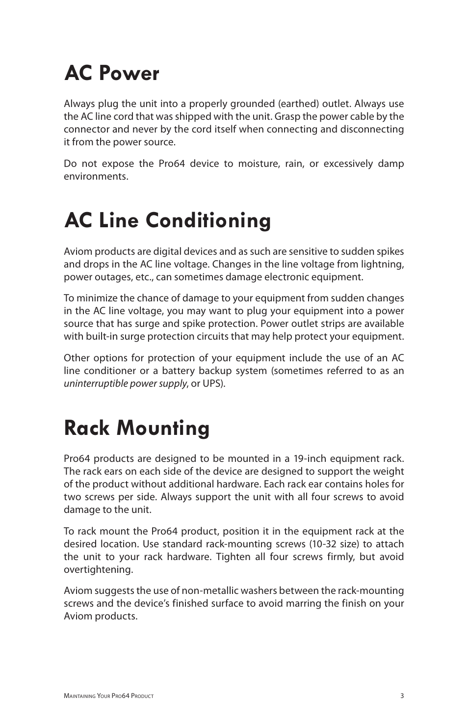 Ac power, Ac line conditioning, Rack mounting | Ac power ac line conditioning rack mounting | Aviom 6416m/RCI/MCS User Manual | Page 14 / 147