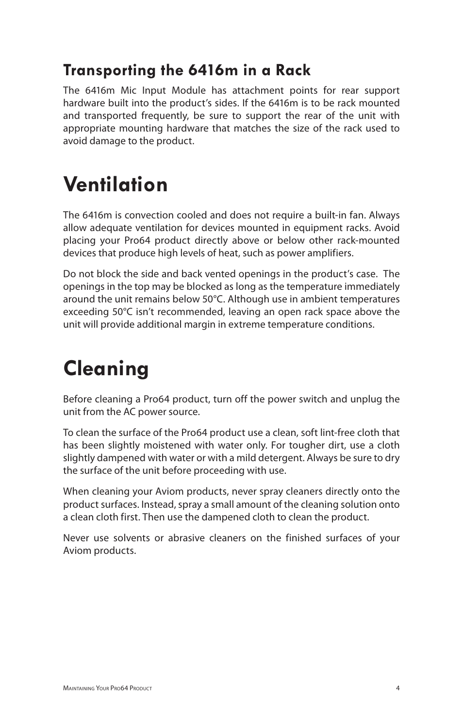 Transporting the 6416m in a rack, Ventilation, Cleaning | Ventilation cleaning | Aviom 6416m/RCI/MCS User Manual | Page 15 / 147