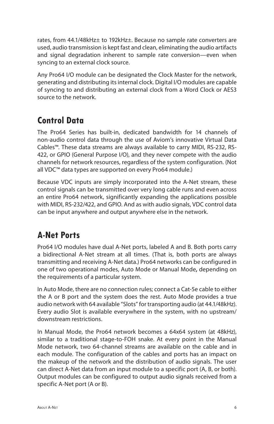 Control data, A-net ports, Control data a‑net ports | Aviom 6416m/RCI/MCS User Manual | Page 17 / 147