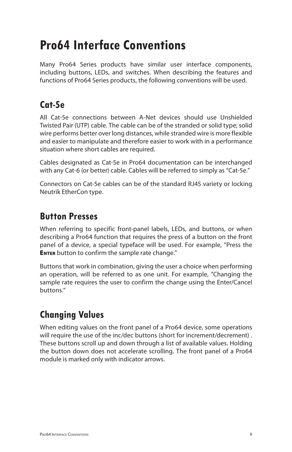 Pro64 interface conventions, Cat-5e, Button presses | Changing values, Cat‑5e button presses changing values | Aviom 6416m/RCI/MCS User Manual | Page 20 / 147