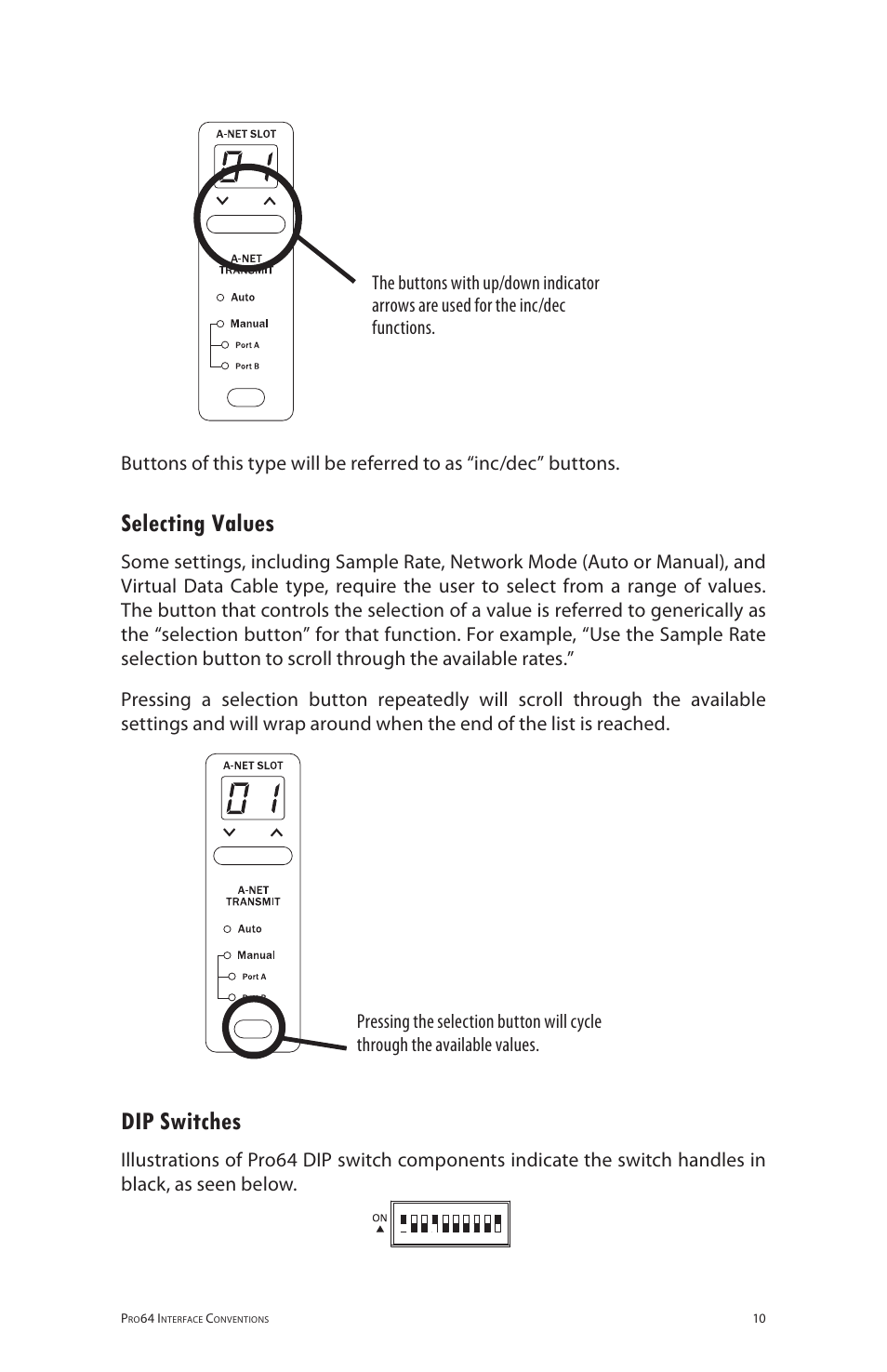 Selecting values, Dip switches, Selecting values dip switches | Aviom 6416m/RCI/MCS User Manual | Page 21 / 147