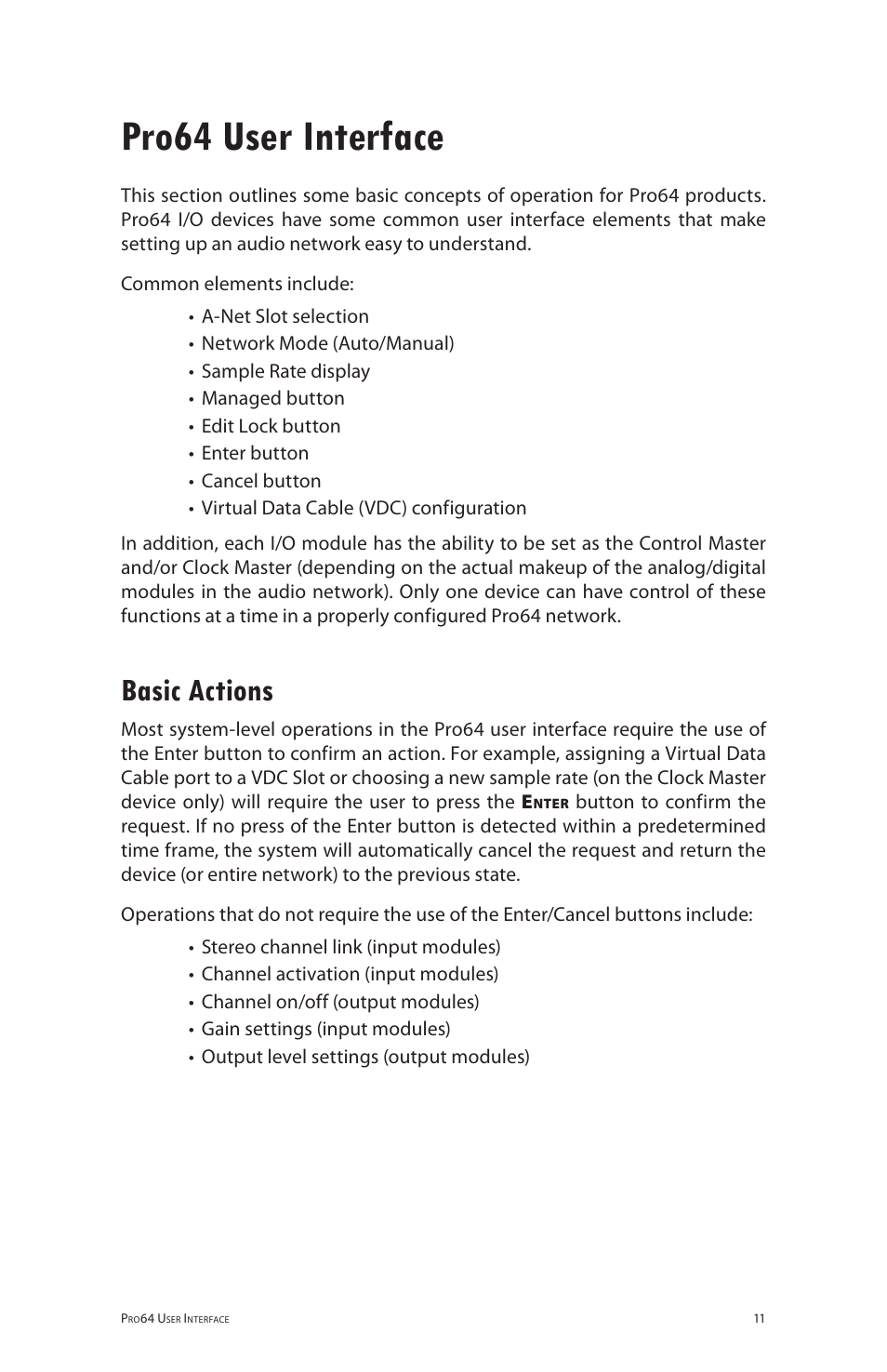 Pro64 user interface, Basic actions | Aviom 6416m/RCI/MCS User Manual | Page 22 / 147