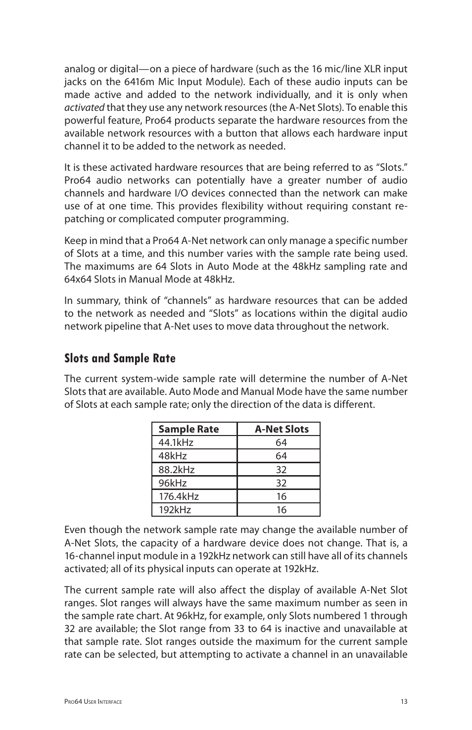 Slots and sample rate | Aviom 6416m/RCI/MCS User Manual | Page 24 / 147