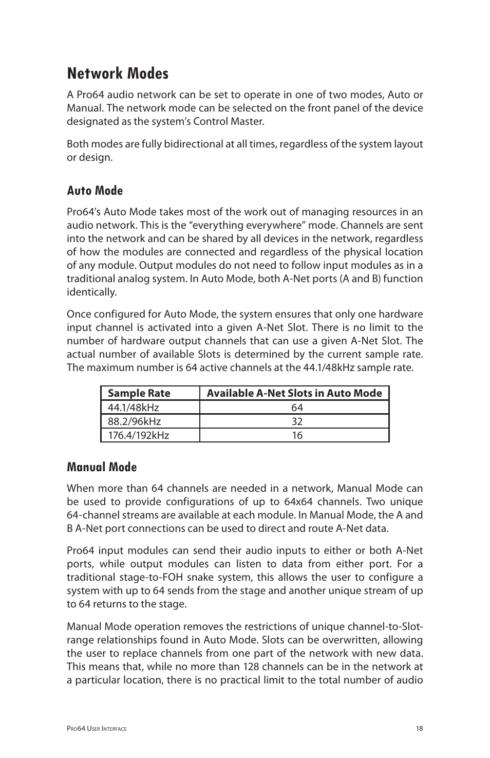Network modes, Auto mode, Manual mode | Auto mode manual mode | Aviom 6416m/RCI/MCS User Manual | Page 29 / 147