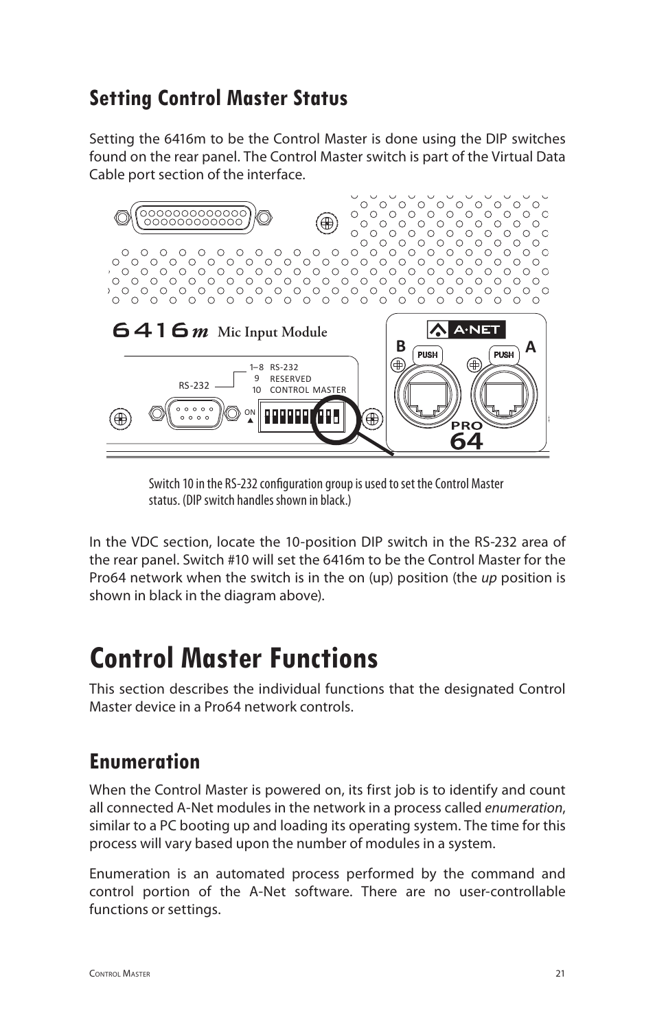 Setting control master status, Control master functions, Enumeration | Aviom 6416m/RCI/MCS User Manual | Page 32 / 147