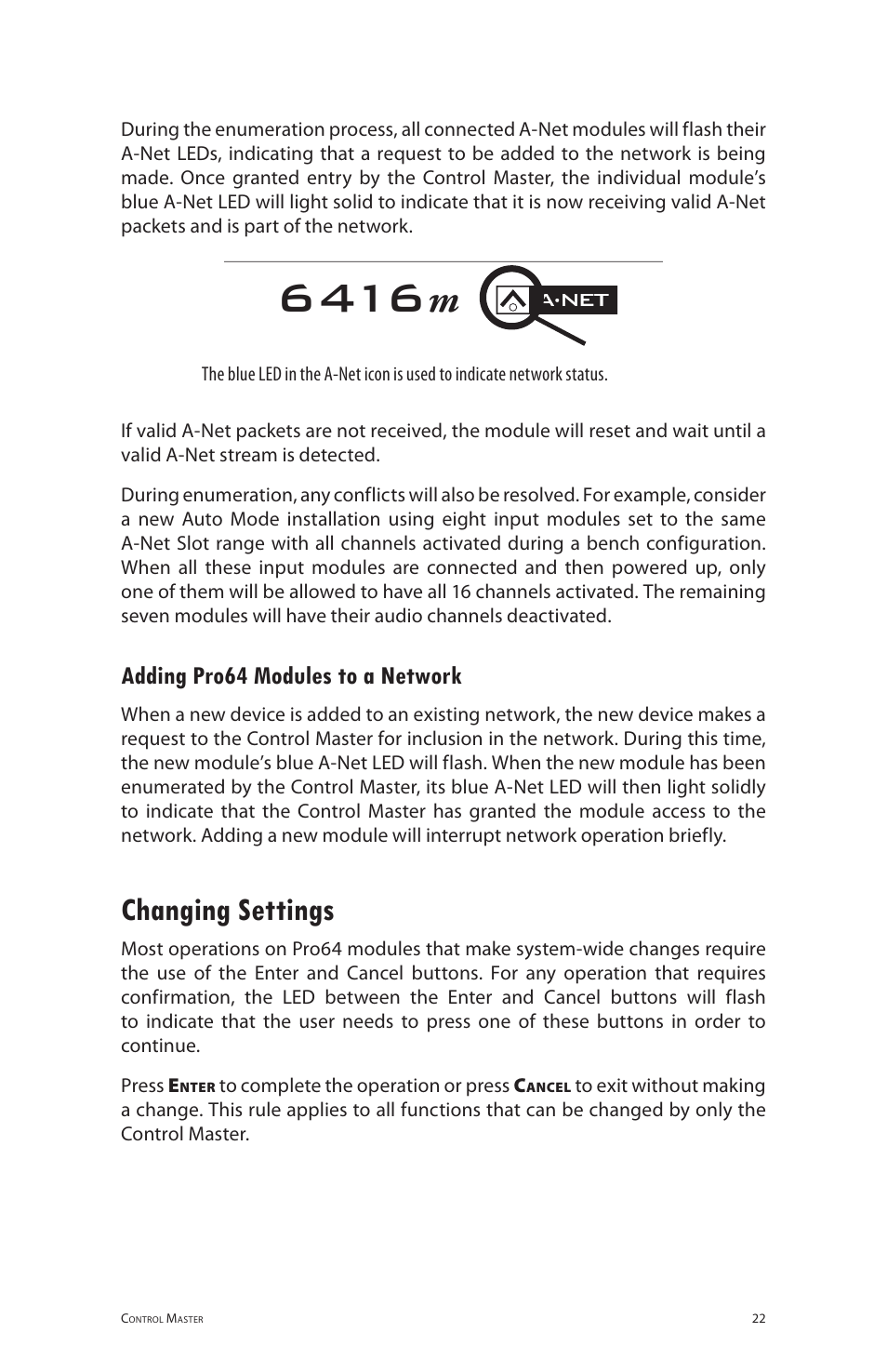 Adding pro64 modules to a network, Changing settings | Aviom 6416m/RCI/MCS User Manual | Page 33 / 147