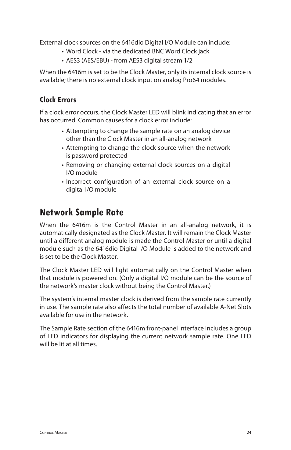 Clock errors, Network sample rate | Aviom 6416m/RCI/MCS User Manual | Page 35 / 147