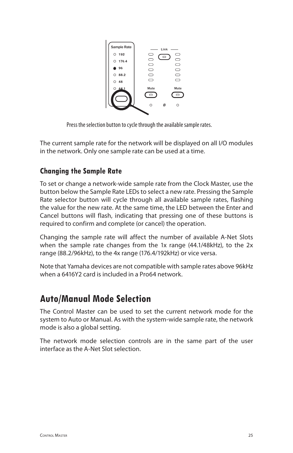 Changing the sample rate, Auto/manual mode selection | Aviom 6416m/RCI/MCS User Manual | Page 36 / 147
