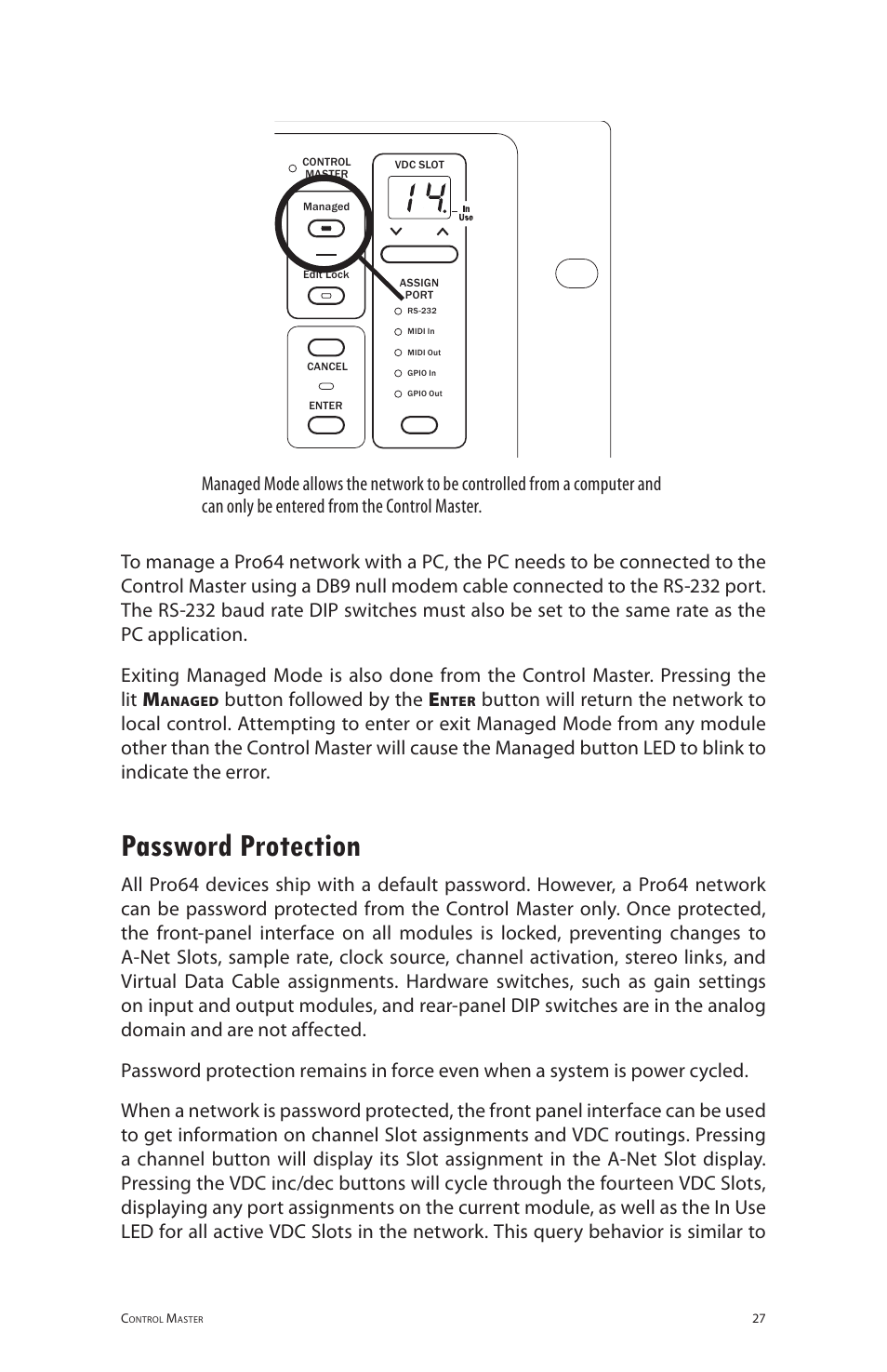 Password protection, Button followed by the e | Aviom 6416m/RCI/MCS User Manual | Page 38 / 147