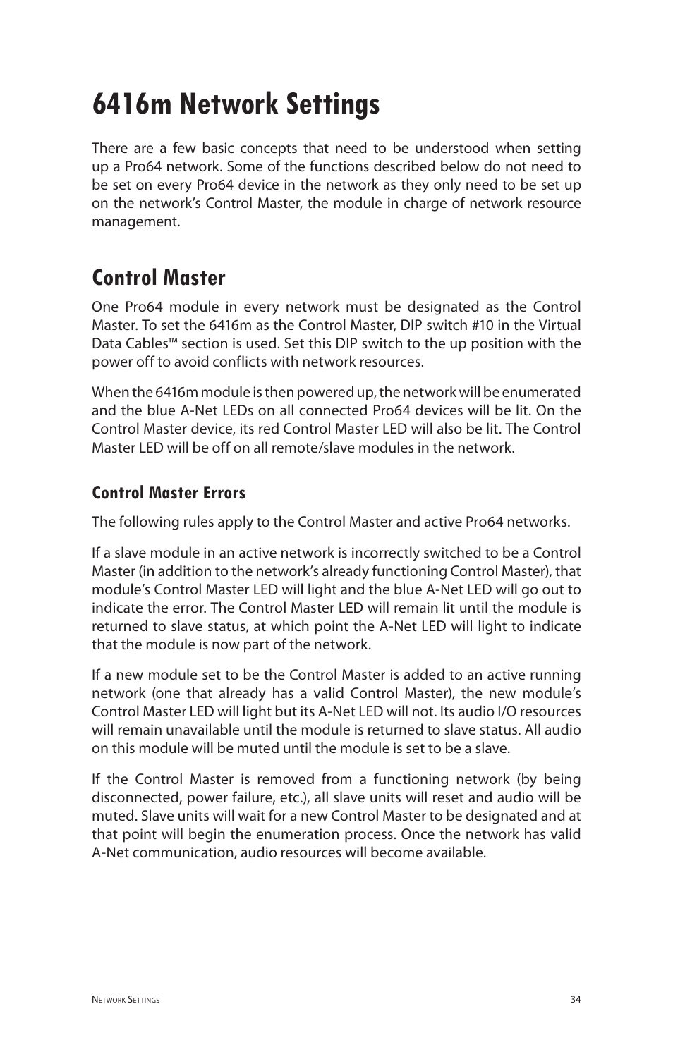 6416m network settings, Control master, Control master errors | Aviom 6416m/RCI/MCS User Manual | Page 45 / 147