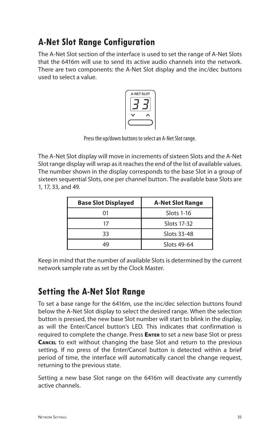 A-net slot range configuration, Setting the a-net slot range | Aviom 6416m/RCI/MCS User Manual | Page 46 / 147